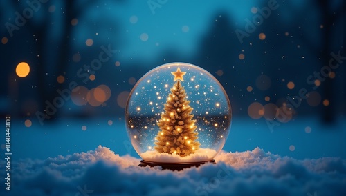 Snow globe with glowing Christmas tree and star, set in snowy winter landscape. Perfect for holiday decor and festive ambiance.