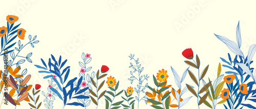 Floral border with flowers, plants in summer field vector illustration. Botanical decoration, blossom in garden, nature isolated on white background.