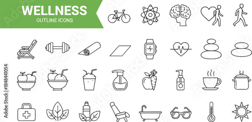 Set of black outline wellness and healthy lifestyle icons for fitness apps medical infographics self care websites and holistic healthcare marketing materials
