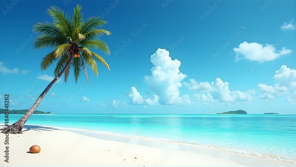 Obraz premium Serene tropical beach with turquoise waters, white sand, and a leaning palm tree under a bright blue sky. Perfect for relaxation and travel inspiration.