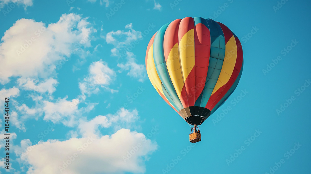 Naklejka premium Colorful Hot Air Balloon Flying Against Clear Blue Sky with Clouds