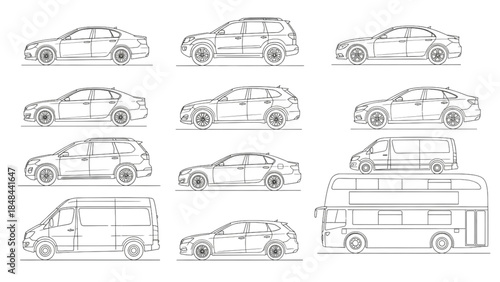 Clean Minimal Line Art Side-View Vehicles Including Sedans, SUVs, Vans & Double-Decker Bus