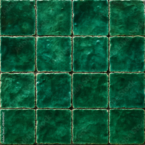 Green Ceramic Tile Wall Texture Pattern, Glossy Emerald Square Tiles Background with Grout Lines