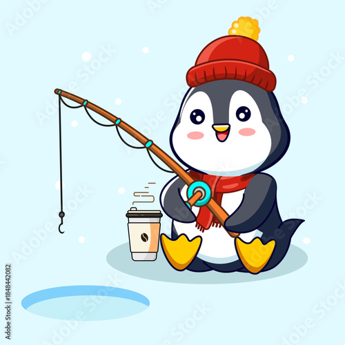 Cute Penguin Ice Fishing with Coffee Vector Illustration Cartoon Design Kawaii