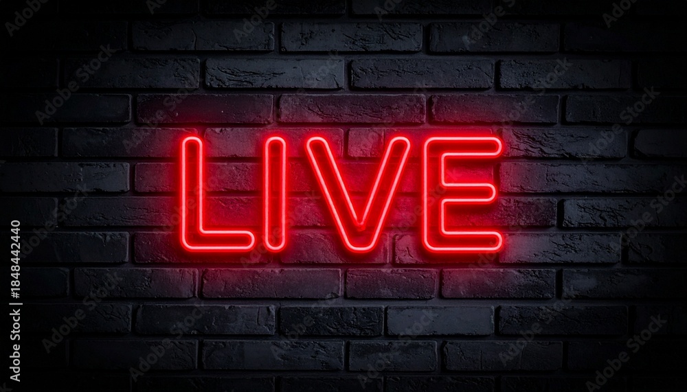 Obraz premium Red neon “LIVE” sign glowing on dark brick wall background.