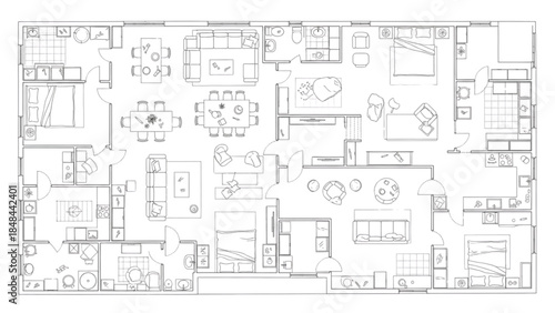 Top-Down Monochrome Furniture Blueprint Layout for Interior Design & Home Planning