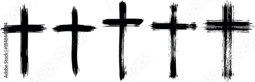 Set of five black textured religious cross silhouettes in a distressed grunge style for Christian faith branding church event posters and spiritual graphic design elements