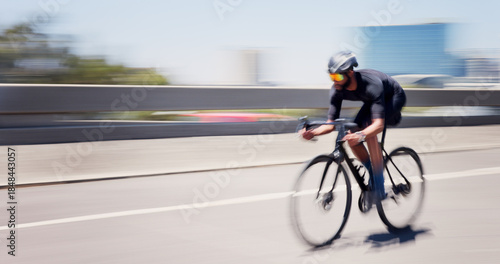 Quadro em tela Athlete, man and speed on bicycle in city for cycling exercise, endurance challenge and motion blur