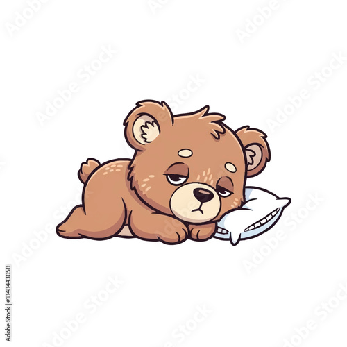 A cute cartoon brown bear lying on a white pillow with a peaceful expression in a flat, colorful illustration style against a clean white background.