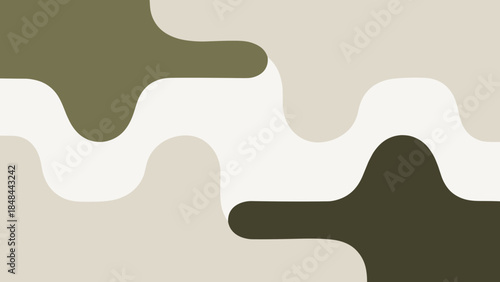 Abstract wavy shapes in olive green, beige, and white design  
