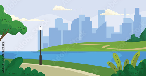 City park scenery, landmark skyline, modern building