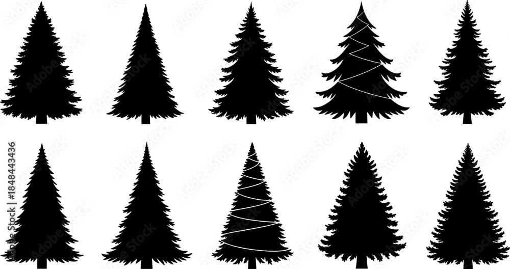 Obraz premium Set of ten black pine tree silhouettes and evergreen fir silhouettes for winter holiday season forest landscapes outdoor adventure branding and Christmas graphic design elements