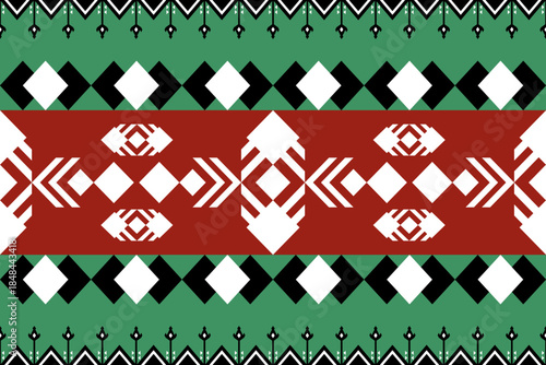 Black and white Geometric Ethnic pattern on red and green background, Native American tribal fabric, tile, carpet, vector, illustration design.	