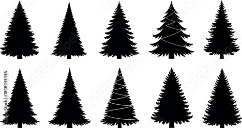 Set of ten black pine tree silhouettes and evergreen fir silhouettes for winter holiday season forest landscapes outdoor adventure branding and Christmas graphic design elements
