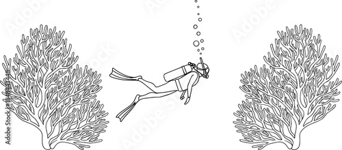 Set of minimalist black outline scuba diver and coral reef illustrations for underwater adventure tourism marine conservation educational infographics and diving club branding