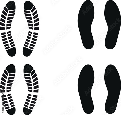 Set of black footprint and shoe sole silhouettes for forensic evidence mystery investigation directional floor signage and human path tracking graphic elements