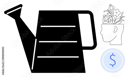 Large watering can, head with sprouting flowers, and currency sign represent growth, creativity, financial support, and nurturing potential. Ideal for business, finance, education creativity