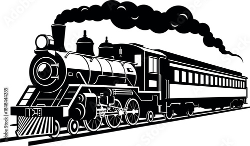 Detailed black and white steam locomotive train silhouette with smoke for vintage travel branding railway history education and classic transportation graphic design