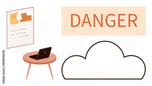 Office desk with laptop, task board with notes, cloud outline, and warning text DANGER highlight cyber threats, data protection, and caution. Ideal for cybersecurity, IT alert, remote work data