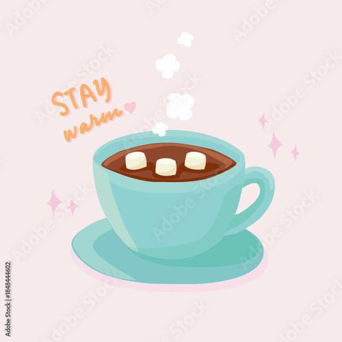 hot chocolate vector with marshmallows with stay warm lettering