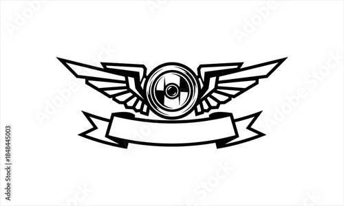 Monochrome emblem with wings and a central gear design.