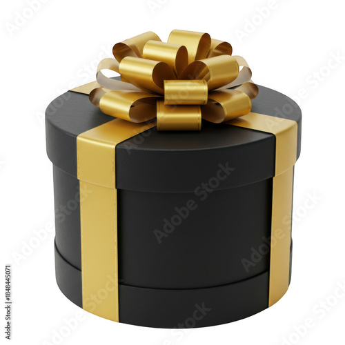 Black round gift box with gold ribbon and bow isolated on transparent background