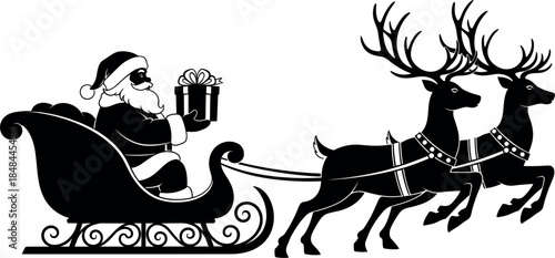 Black silhouette of Santa Claus in a sleigh pulled by two reindeer carrying a gift box for Christmas holiday cards festive winter decorations and seasonal graphic design