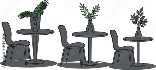 Set of three minimalist café furniture illustrations featuring round tables with chairs and decorative plant vases for restaurant branding interior design and lifestyle graphic elements