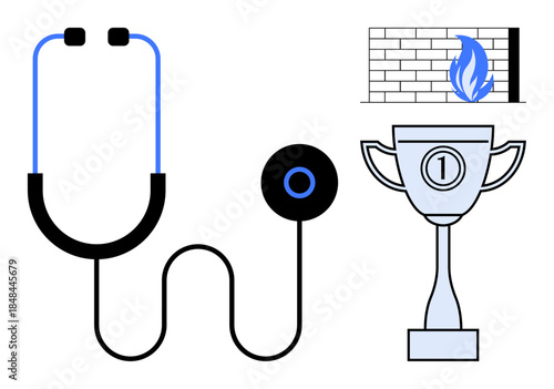 Cybersecurity symbols. Stethoscope highlighting IT health and diagnostics, firewall protection, and trophy achievement. For technology, health monitoring, digital protection , IT solutions, risk