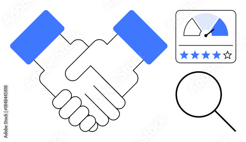 Business collaboration. Handshake partnership, rating scale showing customer satisfaction, and magnifying glass for analysis. Business collaboration, trust building, client engagement. teamwork