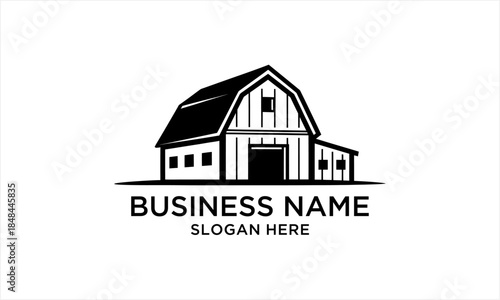 Rustic barn house logo design with classic farm building silhouette.