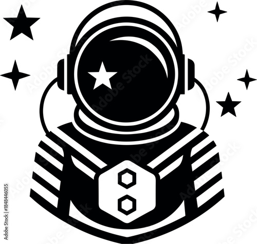 Black and white astronaut silhouette in a space suit with stars for science fiction branding cosmic exploration themes and modern outer space graphic design