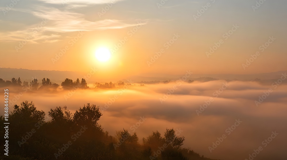 Fototapeta premium Golden sunrise illuminates a serene landscape covered in soft morning mist