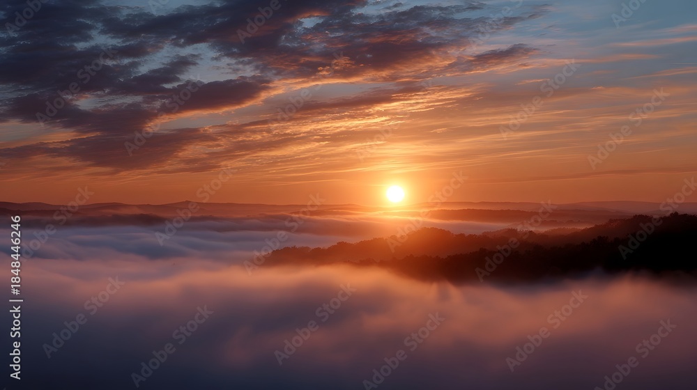 Fototapeta premium Golden sunrise breaks through mist over rolling hills under dramatic clouds