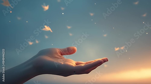 Symbolic illustration of a hand releasing glowing paper birds into the sky at dusk, letting go and emotional freedom concept, soft cinematic lighting, poetic minimal style