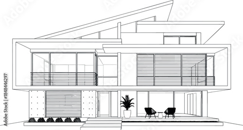 Minimalist black outline illustration of a modern luxury two-story villa with large windows architectural terraces and contemporary residential exterior design