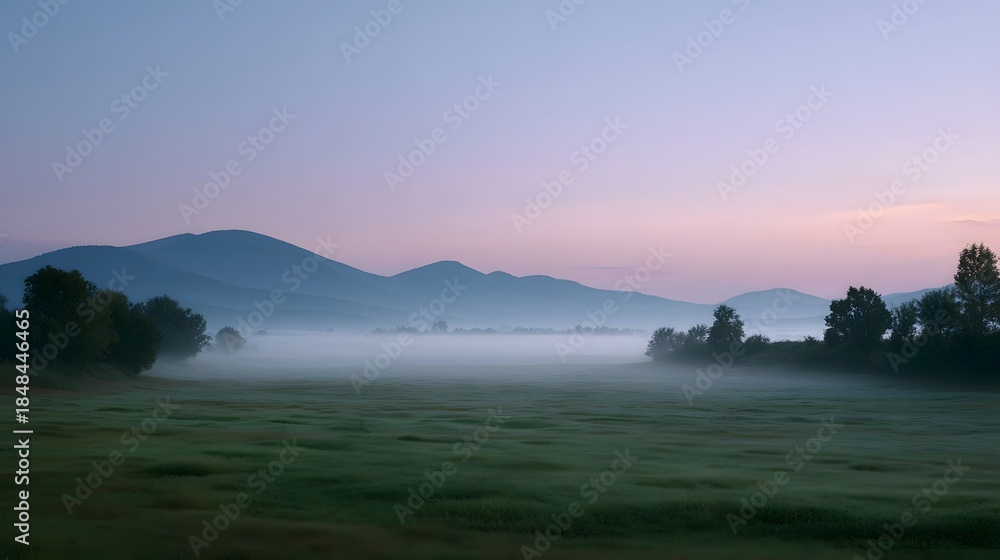 Obraz premium Peaceful dawn unfolds over a misty valley with serene mountains silhouetted against a pastel sky and dew kissed grass in the foreground