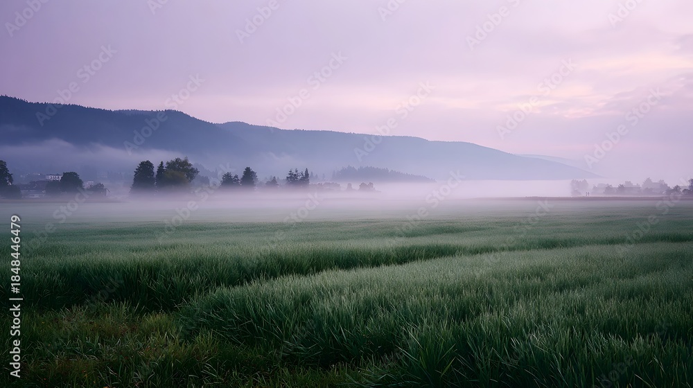 Obraz premium Serene misty dawn breaks over a vast green field with rolling hills veiled in fog