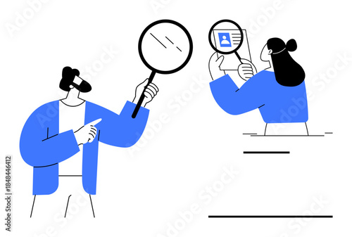 Identity verification. Individuals using magnifying glass to examine and verify identity information. Identity verification ensures accuracy and security. For authentication, fraud prevention
