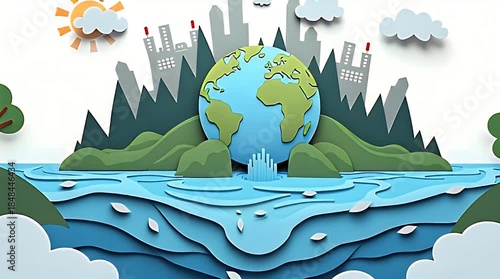 Paper cut style illustration showing melting Earth layered with trees, water and industrial elements, climate change and environmental impact concept, handcrafted look, soft shadows, educational style