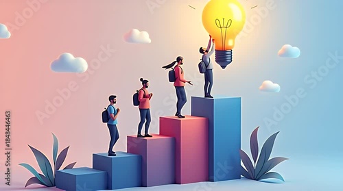 Isometric vector illustration of small startup team climbing bar graph staircase toward glowing light bulb, business growth and success concept, vibrant colors, clean corporate style, modern infograph