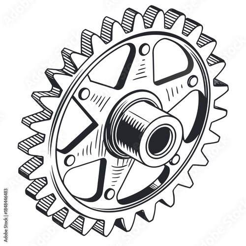 Black and white gear wheel with teeth and shaft mechanical