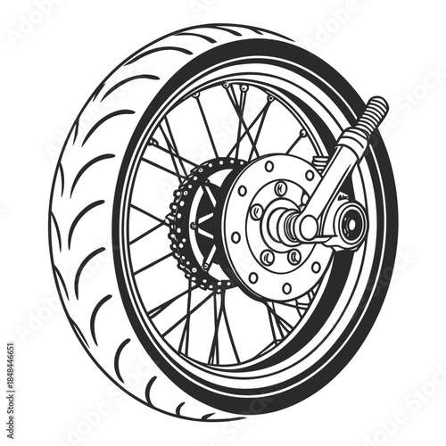 Motorcycle wheel with tire and brake disc black and white