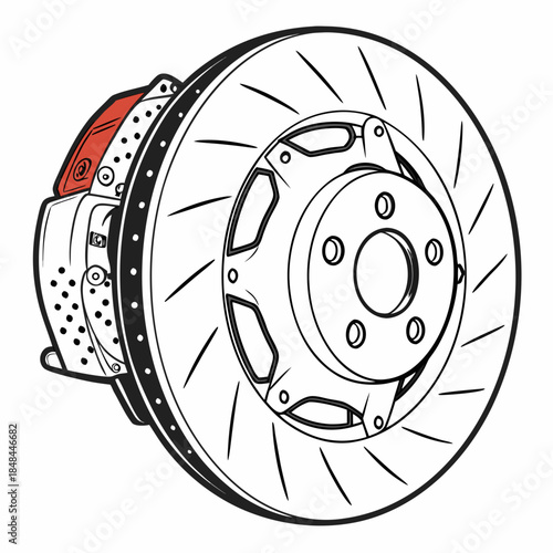 Realistic car brake disc visible through open caliper