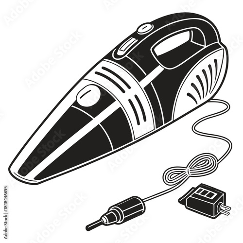 Black and white handheld vacuum cleaner with charger and adapter