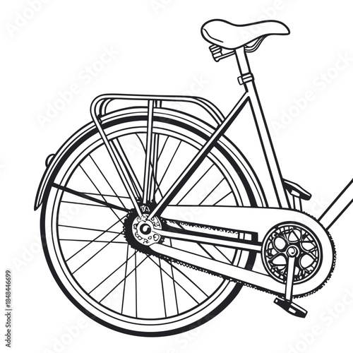 Black and white dutch style city bicycle chain and rear wheel