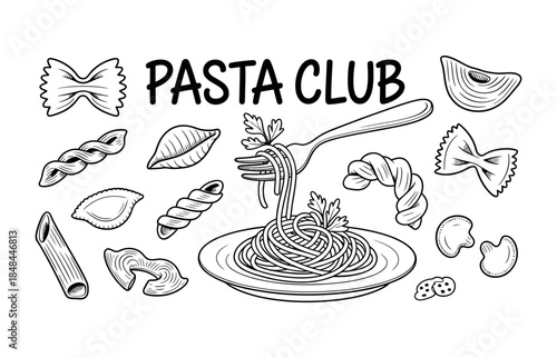 Hand Drawn Pasta Shapes and Plate with Fork and Spaghetti bow tie pasta