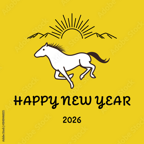 2026年午年の年賀状カード　走る馬と初日の出のイラスト　スクエア正方形