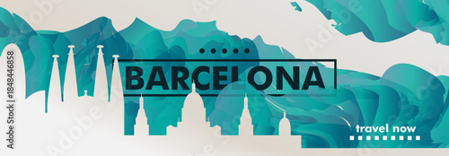 Barcelona, Spain city banner with skyline, cityscape, landmarks. Horizontal travel vector illustration layout for website, page, presentation, header, footer