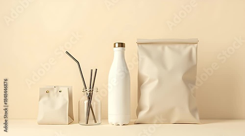 Minimal still life composition of reusable glass bottles, metal straws and cloth bags on neutral beige background, soft natural shadows, eco friendly lifestyle concept, clean modern aesthetic, studio 